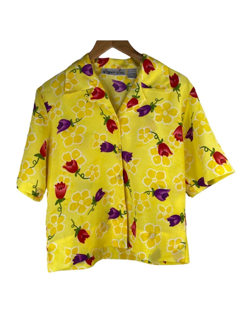 Vintage 90s Floral Shirt Size 10 Button Down Short Sleeve Collared Yellow Granny